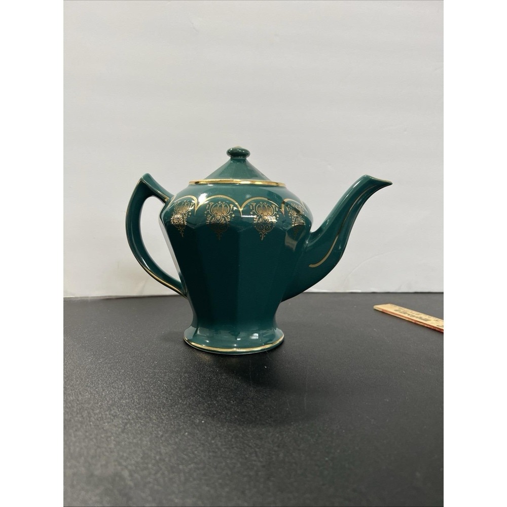 VTG Hall China Emerald Green Gold Filigree 6 Cup Teapot Made in USA MCM